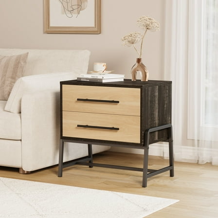 Farmhouse Nightstand with Drawers, Small End Table, Wooden Bedside Table with Metal Legs, Sofa Side Table,2 Drawer Dresser for Bedroom, Living Room