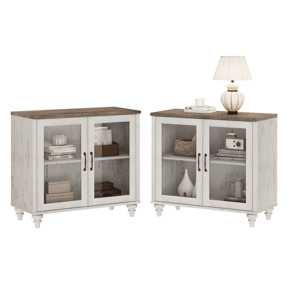 Farmhouse Nightstand with Glass Doors, Mid-Century Modern Wooden Closet Storage Organizer for Bedroom & Living Room, Rustic White