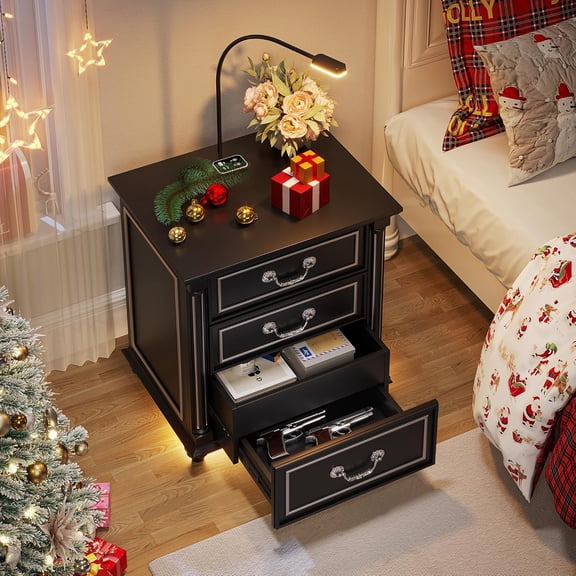 Farmhouse Nightstand with Gun Drawer and 3 Large Storage Drawers,Smart Bedside End Table with LED Light and Human Sensor Charging Station(Black)