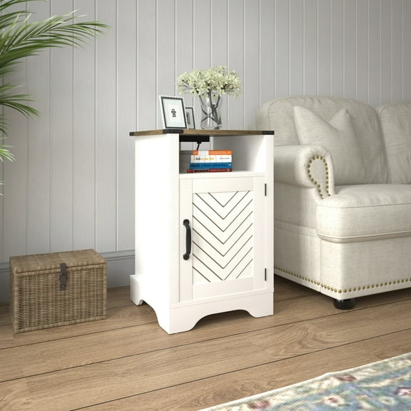 Farmhouse Nightstand with USB Charging Station - Rustic White & Oak Side Table