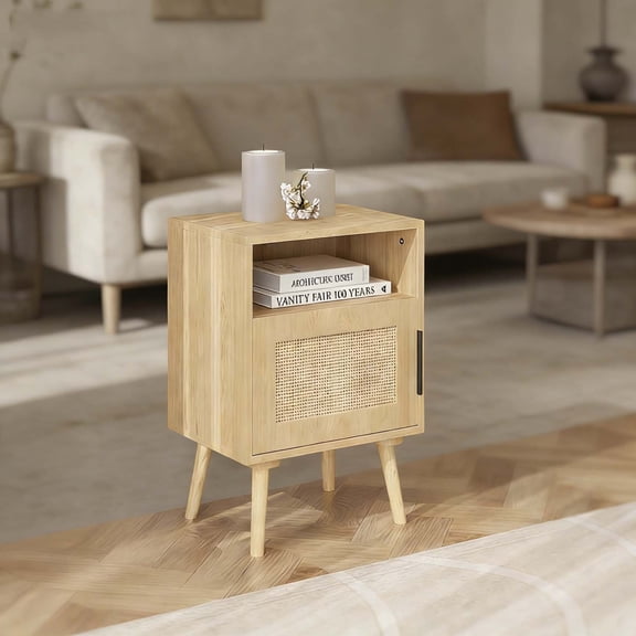 Farmhouse Nightstand with Woven Rattan Door, 22.83"H Antique Vintage Style Oak Side Table with Open Shelf