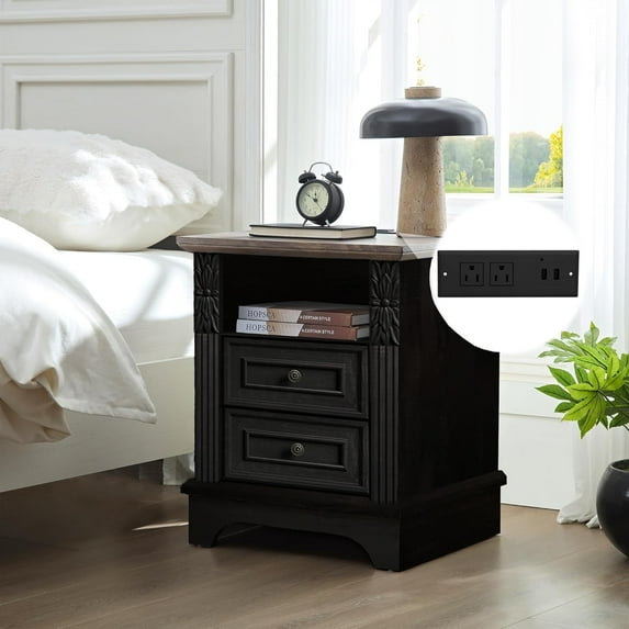 Farmhouse Nightstand wtih Charging Station, 20" End Table with 2 Drawers, Night Stand Side Table Storage Cabinet with Carved Pilasters for Bedroom,Wood Rustic, Black