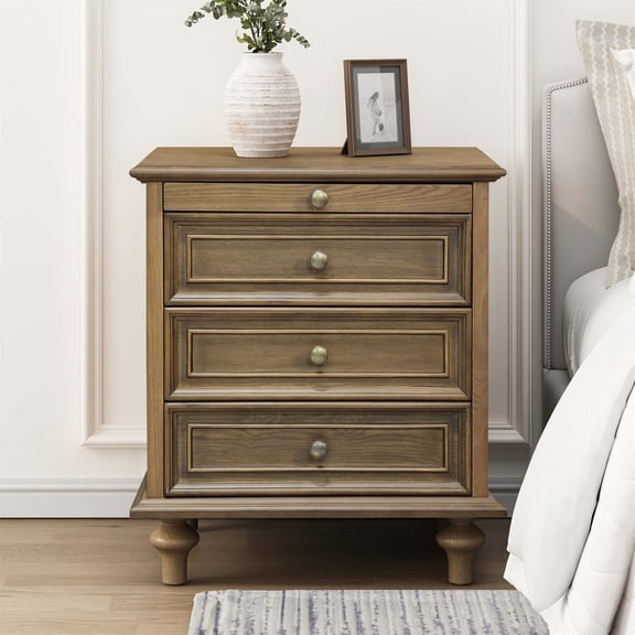 Farmhouse Nightstands with 4 Drawer,Wood Storage End Table with Hidden Pull-Out Shelf, Large Side Table with 4 Solid Wood Feet and Metal Handle,Easy Assembly,Light Brown