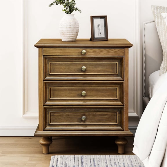 Farmhouse Nightstands with 4 Drawer,Wood Storage End Table with Hidden Pull-Out Shelf, Large Side Table with 4 Solid Wood Feet and Metal Handle,Easy Assembly,Light Brown