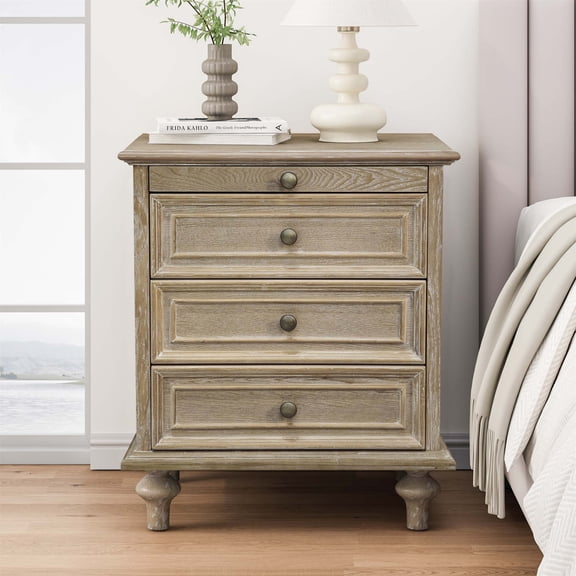 Farmhouse Nightstands with 4 Drawer,Wood Storage End Table with Hidden Pull-Out Shelf, Large Side Table with 4 Solid Wood Feet and Metal Handle,Easy Assembly,Natural