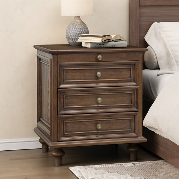 Farmhouse Nightstands with 4 Drawer,Wood Storage End Table with Hidden Pull-Out Shelf, Large Side Table with 4 Solid Wood Feet and Metal Handle,Easy Assembly,Walnut Brown