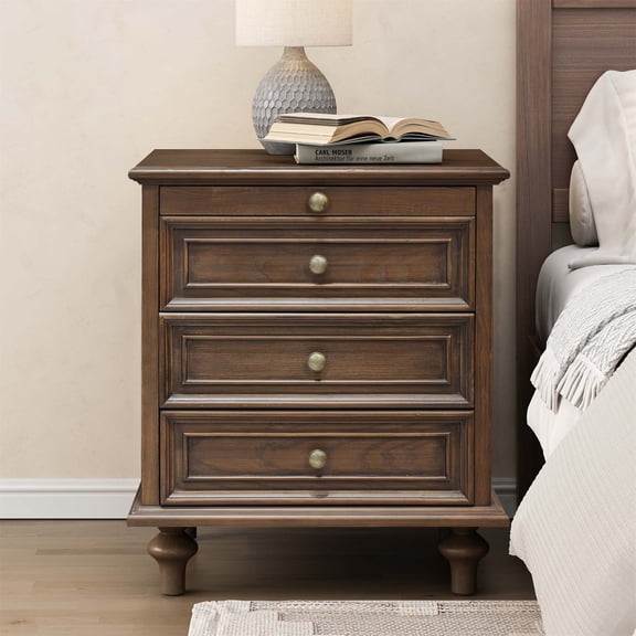 Farmhouse Nightstands with 4 Drawer,Wood Storage End Table with Hidden Pull-Out Shelf, Large Side Table with 4 Solid Wood Feet and Metal Handle,Easy Assembly,Walnut Brown