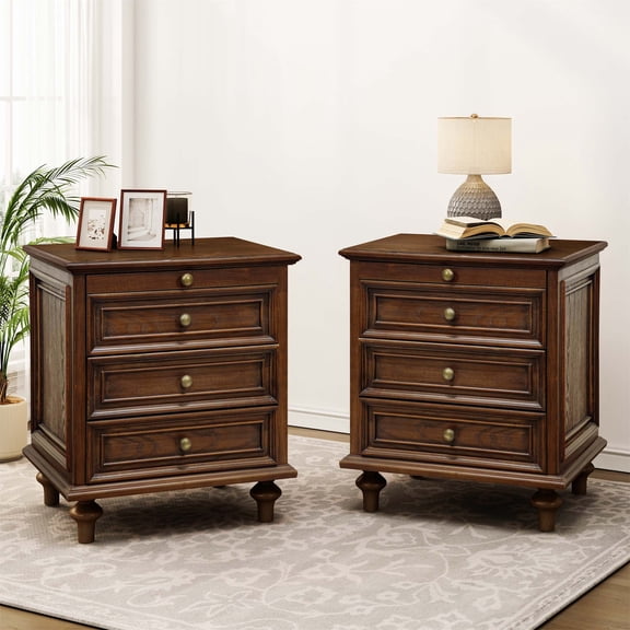 Farmhouse Nightstands Set of 2 with 4 Drawer,Wood Storage End Table with Hidden Pull-Out Shelf, Large Side Table with 4 Solid Wood Feet and Metal Handle,Easy Assembly,Walnut Brown