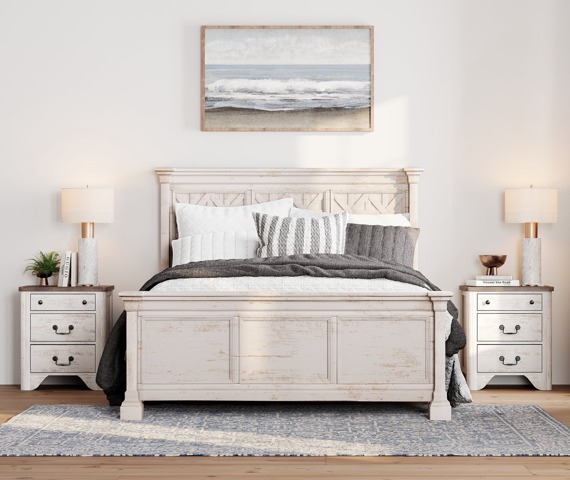 Farmhouse Nightstands Set of 2 with Charging Station, Night Stand with 6 Drawers, Wood End Table for Bedroom, White