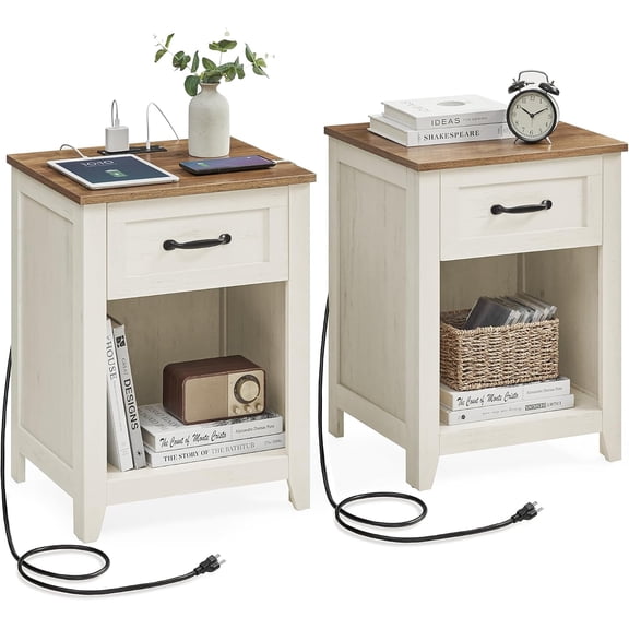 Farmhouse Nightstands w/Charging Station, 1 Drawer, Set of 2 | Bedside Table, Side Table w/Open Compartment, for Bedroom, Rustic White & Honey Brown