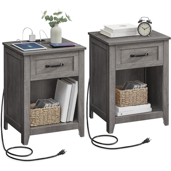 Farmhouse Nightstands with Charging Station, 1 Drawer, Set of 2, Side End Table