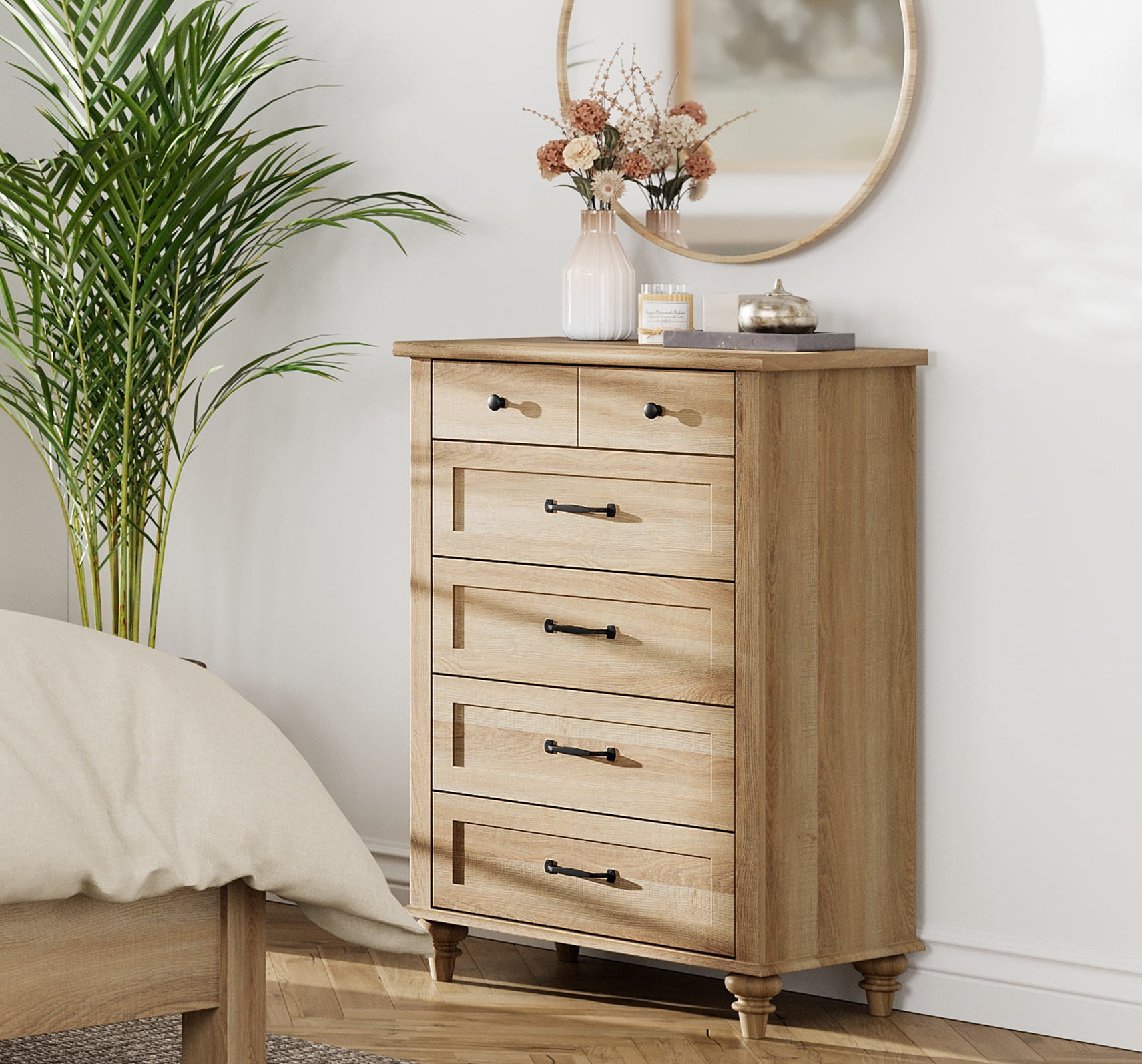 Farmhouse Oak 5-Drawer Dresser, Wooden Chest of Drawers for Bedroom & Living Room