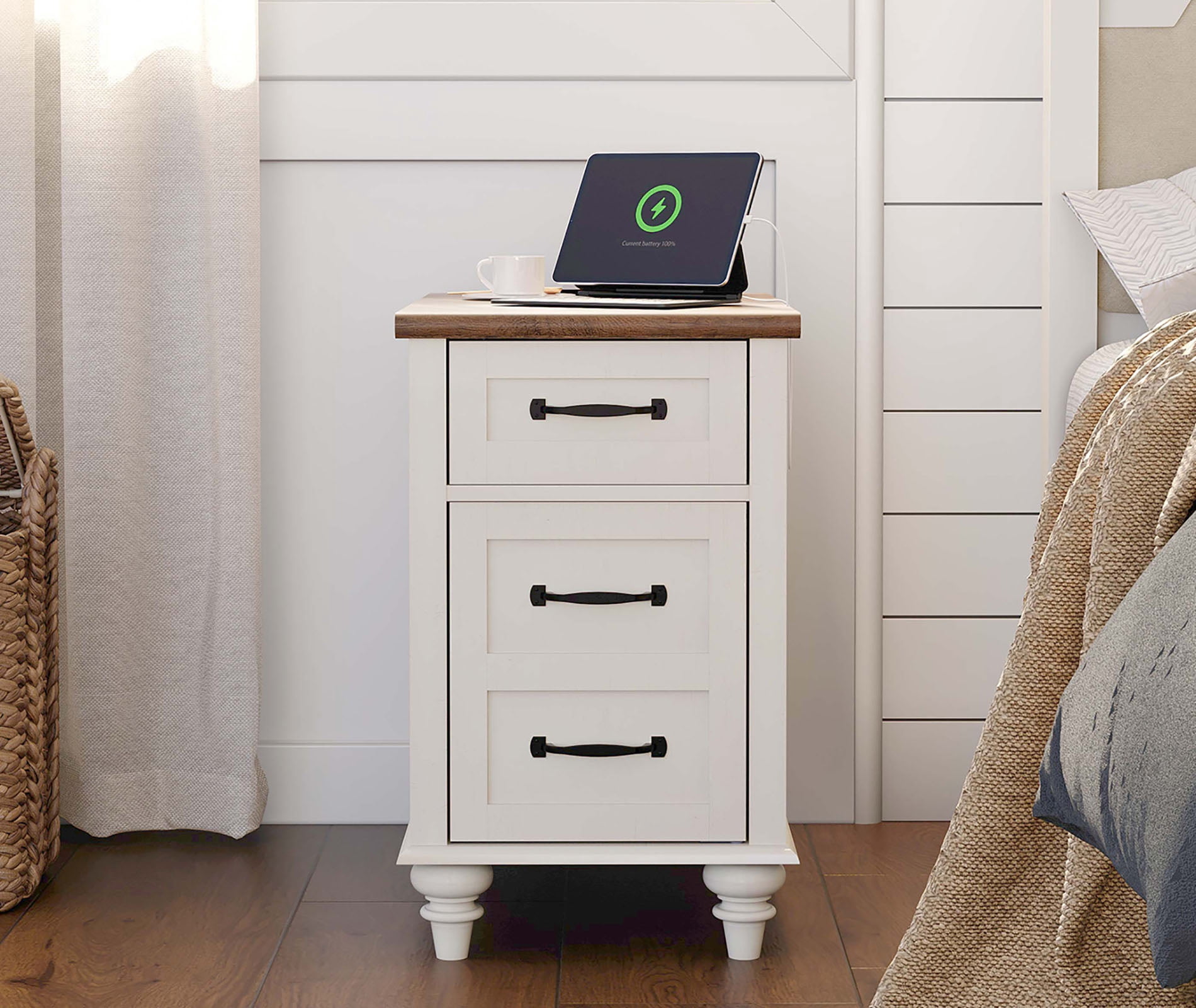 Farmhouse Off White Side Table – Wooden End Table with Charging Station, Nightstand for Bedroom Living Room