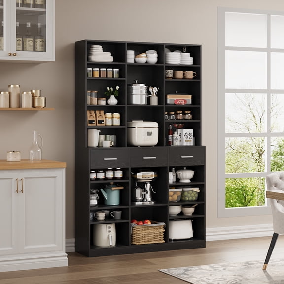 Farmhouse Office Bookcase and Bookshelf 75 Inch Tall 47 Inch Wide 9-Tier Open Display with 2 Drawers Adjustable Shelves Anti-Tip Kit White/Black