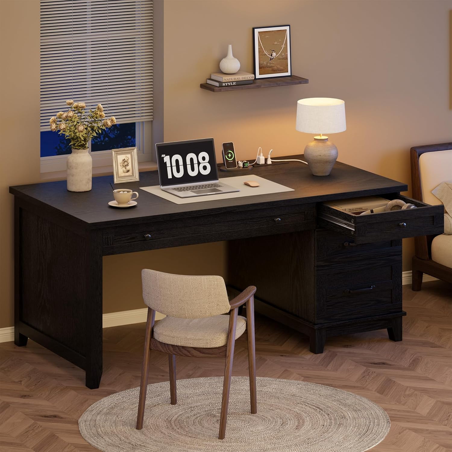 Farmhouse Office Desk with File Drawer, 53.5" Wooden Computer Desk, Executive Computer Desk Workspace for Home