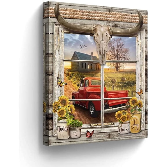 Farmhouse Old Red Trucks Wall Art Old Barn Pictures Wall Decor Marson Jars Sunflower Painting for Bedroom Bathroom Living Room Prints Artwork Framed 12"x16"