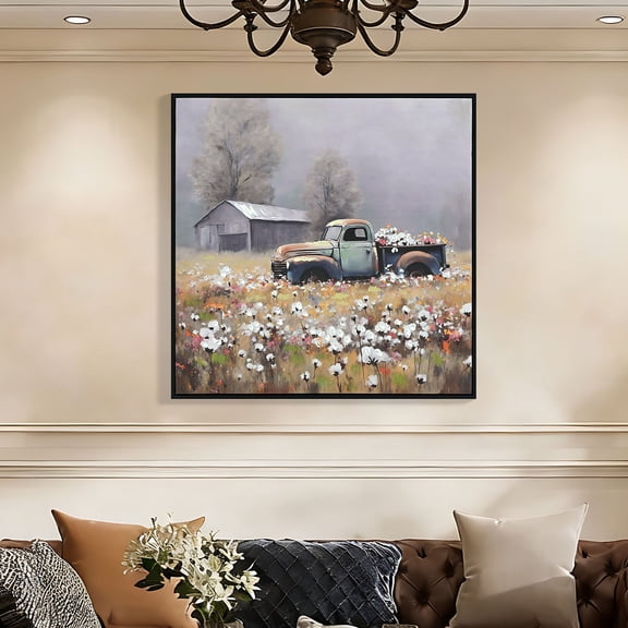 Farmhouse Old Truck Canvas Wall Art, Old Barn Pictures Wall Art, Country Antique Pickup Truck Canvas Prints, Blue Truck With Red Floral Flower Art Prints for Farmhouse Spring Decor 24" Hx24 W Inches