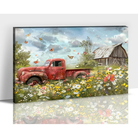 Farmhouse Old Truck Wall Art Home Farmhouse Decor, Blue Truck Canvas Print Barn White Floral Rustic Pictures for Walls, Country Artwork Living Room Wall Art Bedroom Decor 12x18 Inches