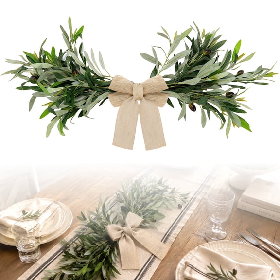 Farmhouse Olive Leaf Swag 23.6" x 11.8", Artificial Greenery with Burlap Bow & Olive Fruits, Rustic Spring Summer Front Door Decor for Mantel Mirror, Wedding Arch Wall Decor