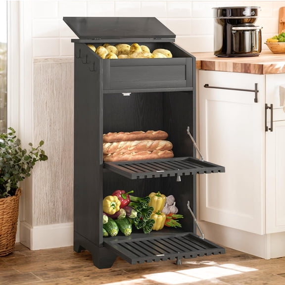 Farmhouse Onion and Potato Storage Bin, Fruit & Vegetable Holder with Large Bread Box, Small Kitchen Pantry Cabinet, Black