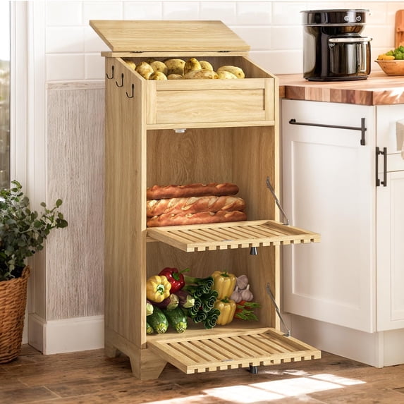 Farmhouse Onion and Potato Storage Bin, Fruit & Vegetable Holder with Large Bread Box, Small Kitchen Pantry Cabinet, Wood