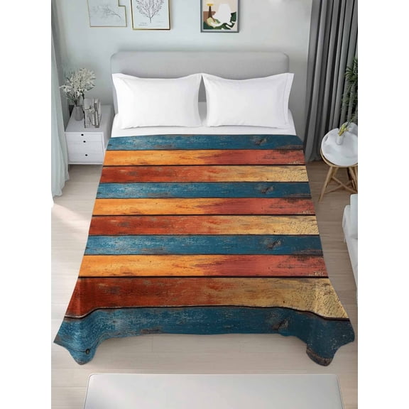Farmhouse Orange Blue Yellow King Size Flat Sheet, Wrinkleproof & Fadeproof Cooling Flat Bed Sheet Only, Vintage Wood Country Breathable Soft Bedding Top Sheets 105 x 98 Inches