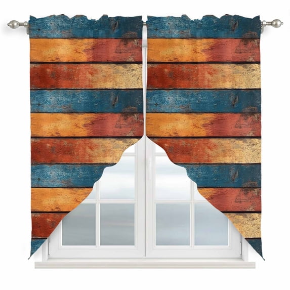 Farmhouse Orange Blue Yellow Kitchen Window Curtains, Swag Curtains Valance for Bedroom Living Room Bathroom, Vintage Wood Country Rod Pocket Window Treatment Curtain Block Drapes 2 Panels 36"x36"