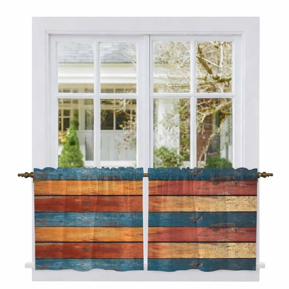 Farmhouse Orange Blue Yellow Tier Curtains, Vintage Wood Country Light Filtering Kitchen Curtains, 2Pcs Rod Pocket Half Window Treatments Panels for Sink Cafe Cabinet Camper 27.5x24 Inches