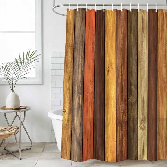 Farmhouse Orange Brown Shower Curtain Set, Waterproof Shower Curtains for Bathroom, Retro Vintage Wood Washable Fabric Cloth Bath Curtain for Bathtub Decoration with Hooks 66x72 Inches