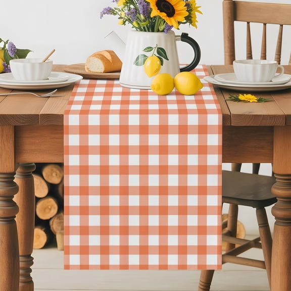 Farmhouse Orange Checkered Table Runner 36 Inches Long, Modern Pastoral Buffalo Plaid Table Runners Tabletop Scarf Kitchen Dining Tables Decoration for Home Party Indoor Outdoor