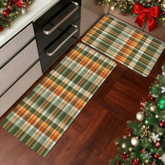 Farmhouse Orange Green Brown Plaid Kitchen Mat Set of 2, Non Slip Absorbent Washable Kitchen Rugs 17"x28" and 17"x48", Low Profile Runner Rug for Kitchen Sink Laundry Room, Rustic Decor