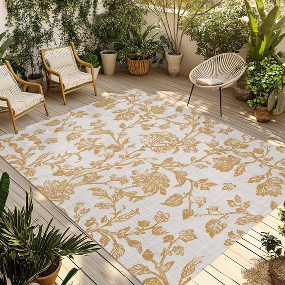 Farmhouse Orange Outdoor Rug 5x7 Ft - Reversible Patio Rug Outdoor Camping Rugs, Vintage Flower Leaf Botanical Plant Washable Indoor Outdoor Area Rugs, Non-Slip Outdoor Carpet Runner for Deck/Porch