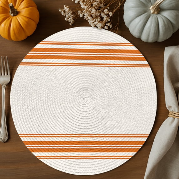 Farmhouse Orange Round Braided Placemats Set of 2, Stripe Heat Insulation Place Mats Washable Non-Slip Table Mats for Kitchen Dining Party, 15 Inches