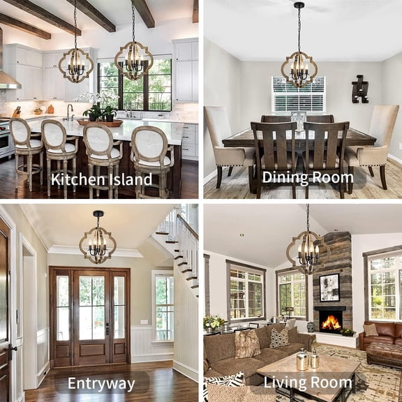 Farmhouse Orb Chandelier, 4-Light Rustic Wood Chandelier for Dining Room, 15.74'' Pendant Light for Kitchen Island Hallway Foyer Entryway Bedroom$$