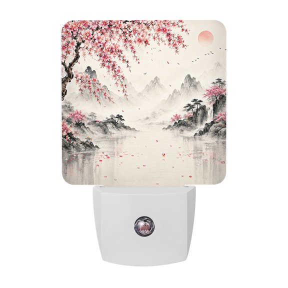 Farmhouse Oriental Scenic Night Lights Plug Into Wall, LED Dusk to Dawn Sensor Night Light, Cherry Blossom Misty Mountains Nightlight for Bedroom Bathroom Living Room Hallway Home Wall Decor
