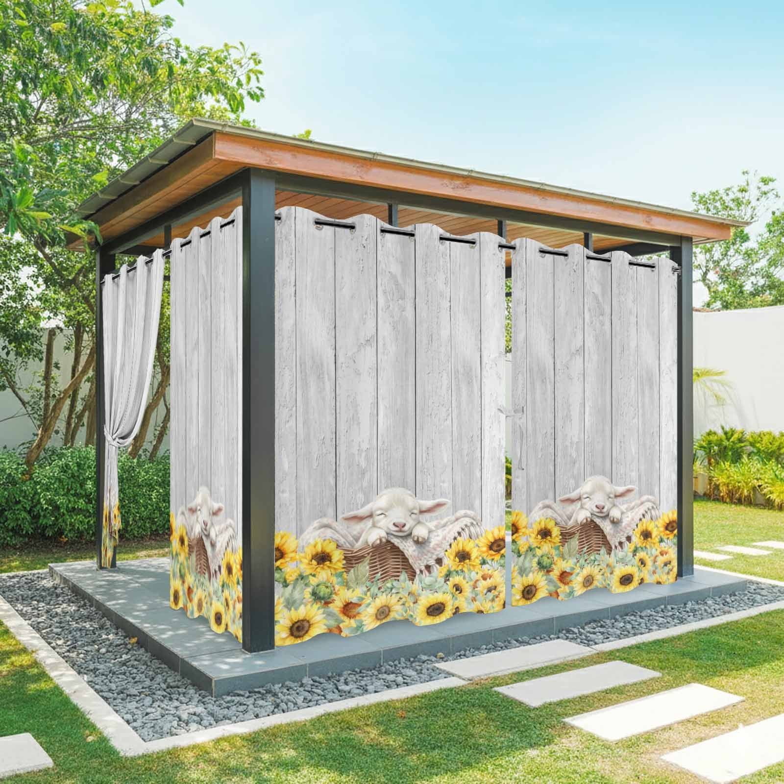 Farmhouse Outdoor Curtains for Patio, Farm Animals Cute Sheep Sunflower Wood Grain Sunshade Privacy Drapes Grommet Waterproof Outside Curtains for Porch/Cabana/Balcony 54"x 108", 1 Panel