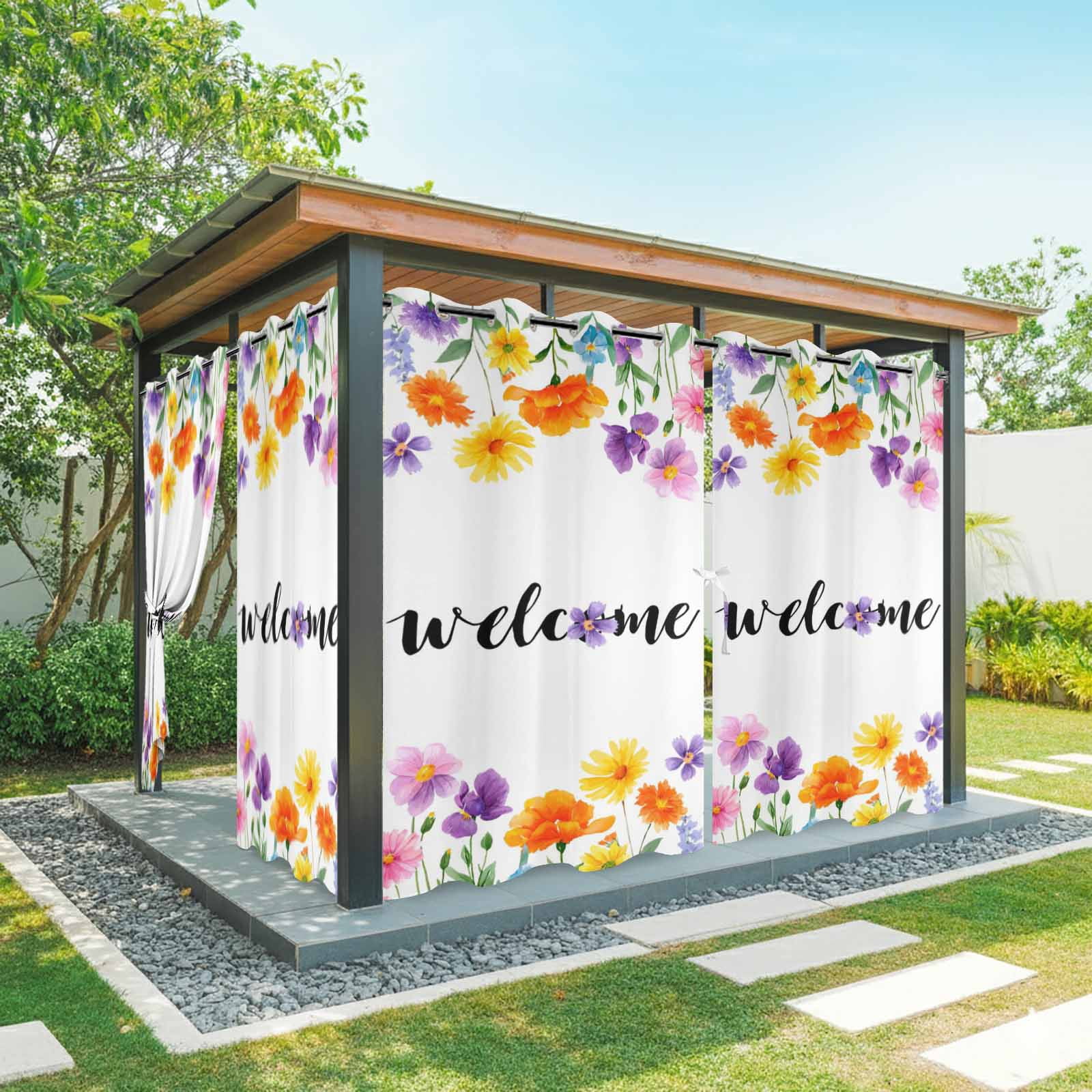 Farmhouse Outdoor Curtains for Patio, Welcome Yellow Purple Flower Wildflower Sunshade Privacy Drapes Grommet Waterproof Outside Curtains for Porch/Cabana/Balcony 54"x 108", 1 Panel