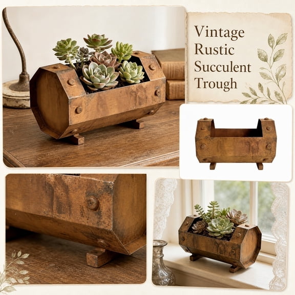 Farmhouse Outdoor Decor, Succulent Planter, Planter Pots for Outdoor Plants, Metal Outdoor Decor, 8X5X4.5 in Rustic Trough Style Tabletop Pot for Indoor Small Plants, Porch