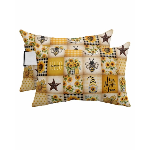 Farmhouse Outdoor Head Resting Pillows with Insert Sunflower Gnome Bee Star Yellow Buffalo Plaid 2 Pack Waterproof Lumbar Pillows with Adjustable Strap for Patio Recliner Beach Chair, 11"x16"