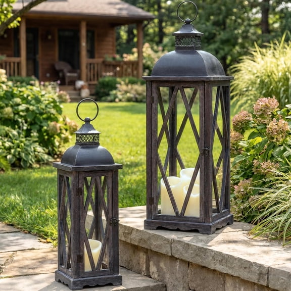 Farmhouse Outdoor Lanterns for Patio, Set of 2 Rustic Lanterns Decor, Vintage Hanging Candle Holder Decorative for Porch, Garden, Yard, Indoor (No Glass, Dark Brown)