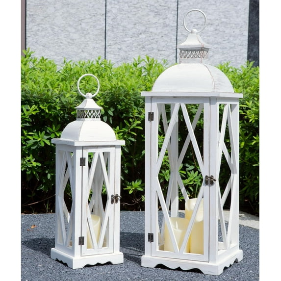 Farmhouse Outdoor Lanterns for Patio, Set of 2 White Rustic Lanterns Decor, Vintage Hanging Lanterns Decorative for Porch, Garden, Yard, Indoor (No Glass)