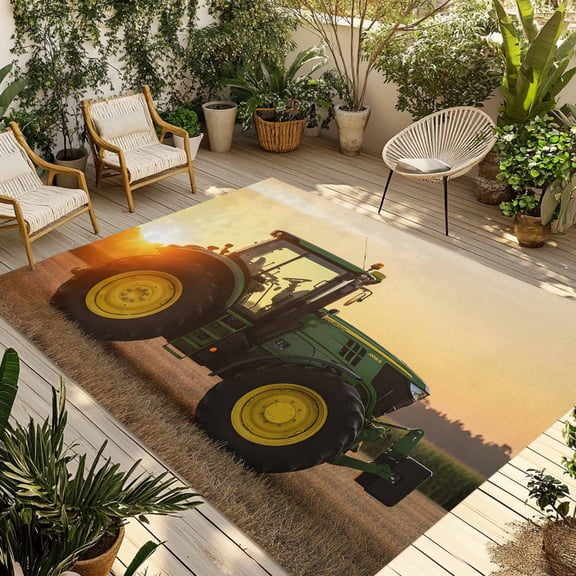 Farmhouse Outdoor Rug 3x5 ft Rustic Country Green Bulldozers Realistic Farmland Sunset Non Slip Patio Rug Washable Absorbent Large Outdoor Carpet Outside Mat for Porch RV Garden Camping