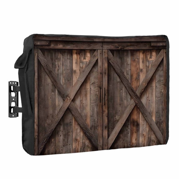 Farmhouse Outdoor TV Cover Brown Country Style Barn Door Distressed Wood Grain Waterproof Weatherproof TV Screen Protector with Remote Control Pocket for 60 to 65 Inch Television Outside