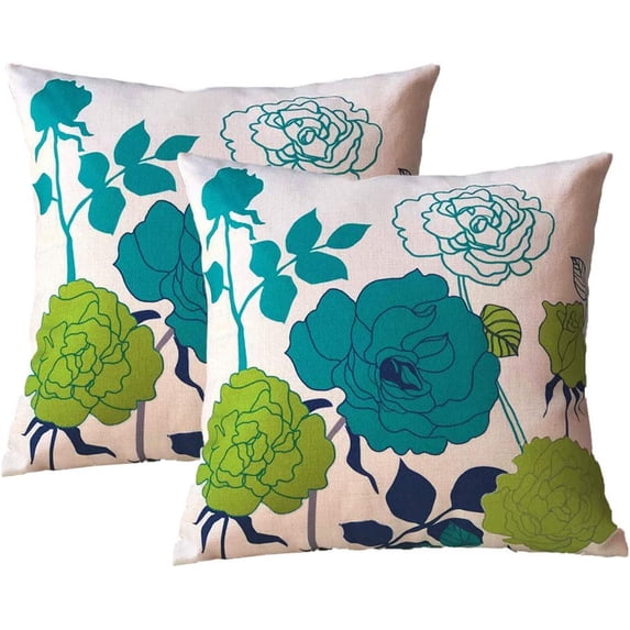 Farmhouse Outdoor Throw Pillow Covers Cotton Canvas Teal and Green Pillow Covers 16x16 inch Decorative for Couch Sofa Patio Porch Flowers Pattern Pack of 2