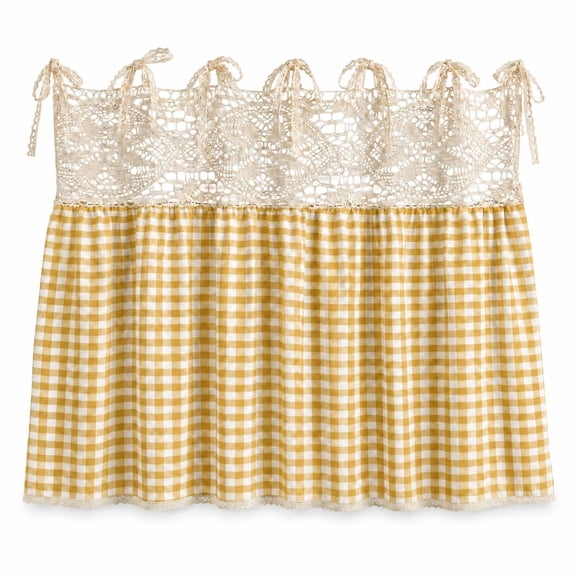 Farmhouse Oven Door Curtain, 30x22 Inch Soft Cotton Gingham Plaid Lace Decorative Curtain, Tool-Free Tie On Washable Rustic Cottagecore Fringe Cover for Stove Dishwasher Cabinet Kitchen Decoration