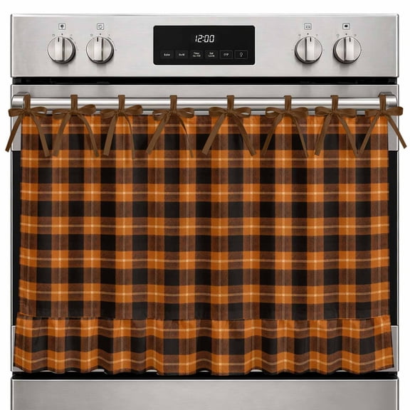 Farmhouse Oven Skirt Curtain Burnt Orange Buffalo Plaid Oven Curtain Tie Top Geometric Classic Checkered Stove Skirt Curtains with Ties&Ruffle Trim Dishwasher Skirts Curtains for Cabinet 27"x20"