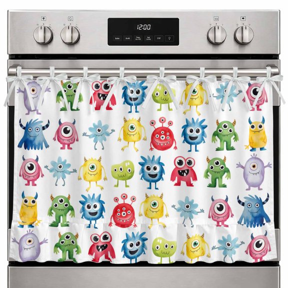 Farmhouse Oven Skirt Curtain Colorful Monsters Oven Curtain Tie Top Abstract Cartoon Cute Artistic Funny Stove Skirt Curtains with Ties&Ruffle Trim Dishwasher Skirts Curtains for Cabinet 27"x20"