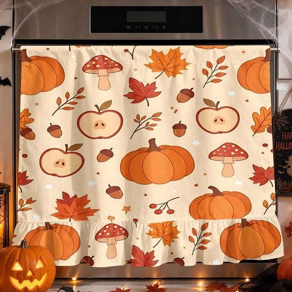 Farmhouse Oven Skirt Curtain, Cotton‑Blend Fall Pumpkin Mushroom Stove Curtain, Self‑Adhesive Oven Curtain Skirt 30 x 25.2 Inch
