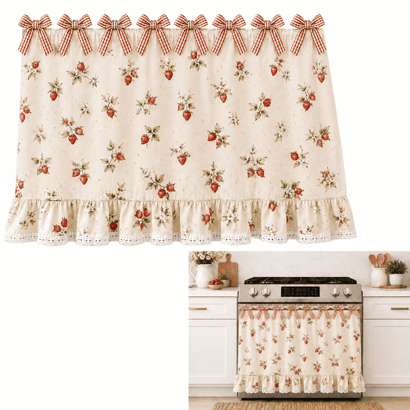 Farmhouse Oven Skirt Curtain, Decorative Oven Door Curtain with Lace Ruffle Trim & Ribbon Ties, Rustic Stove Curtain for Kitchen Decor, Vintage Kitchen Oven Skirt Cover for Range and Dishwasher