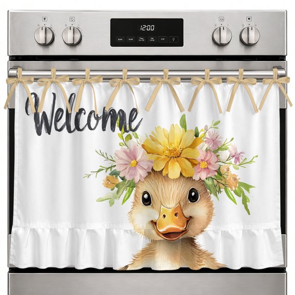 Farmhouse Oven Skirt Curtain Duck Flower Oven Curtain Tie Top Cute Farm Pastoral Pastel Blooms Stove Skirt Curtains with Ties&Ruffle Trim Dishwasher Skirts Curtains Cover for Cabinet Kitchen 32"x24"
